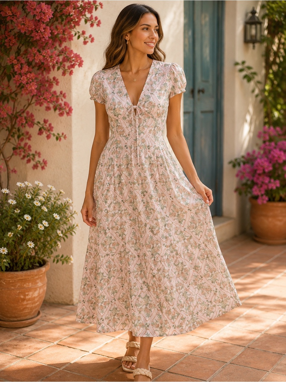Avec Les Filles Floral Linen Blend Midi Dress Size 8 NWT Puff Sleeve